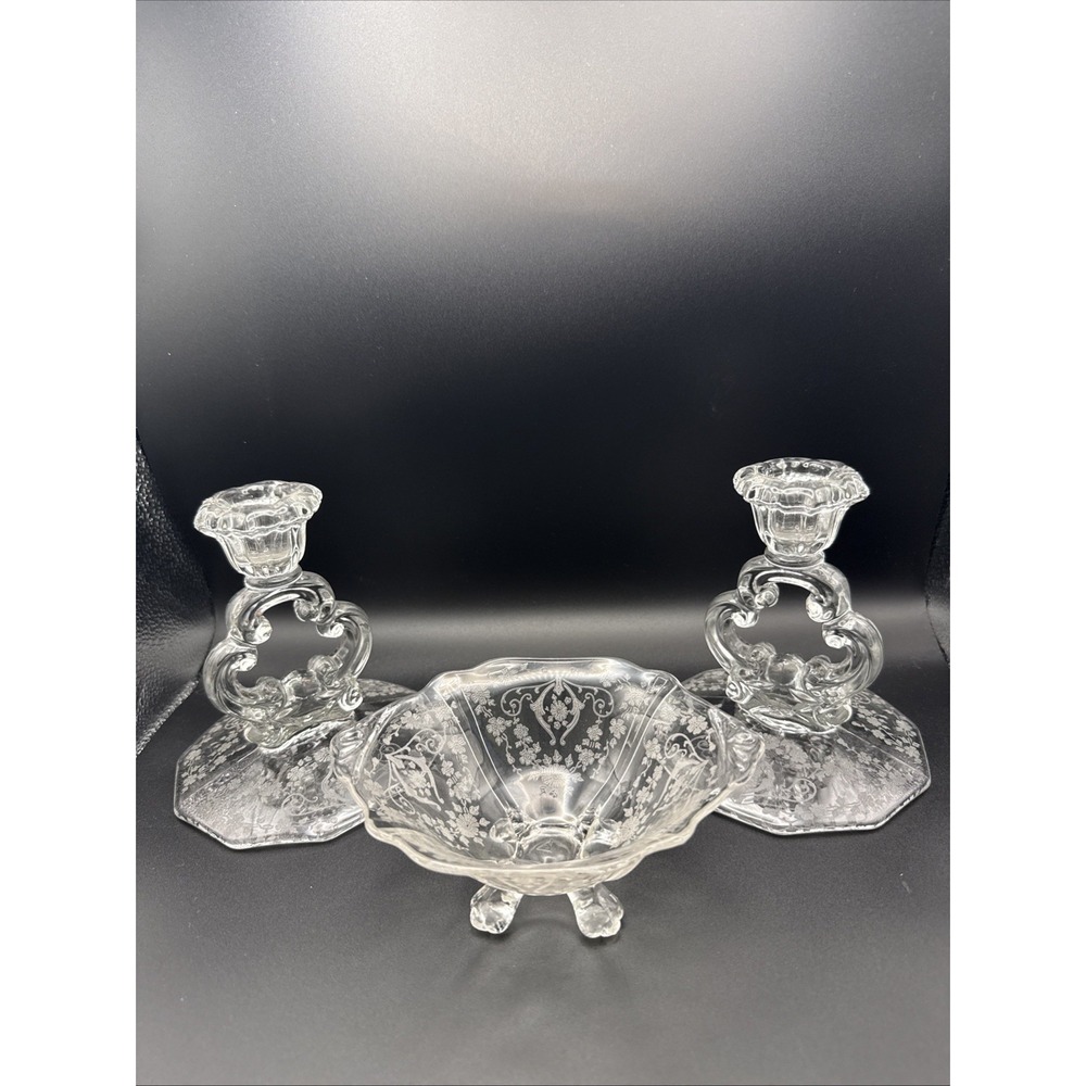 Cambridge Vintage Set- 2 Glass "Keyhole" Candlestick Holders & Bowl Diane Etched